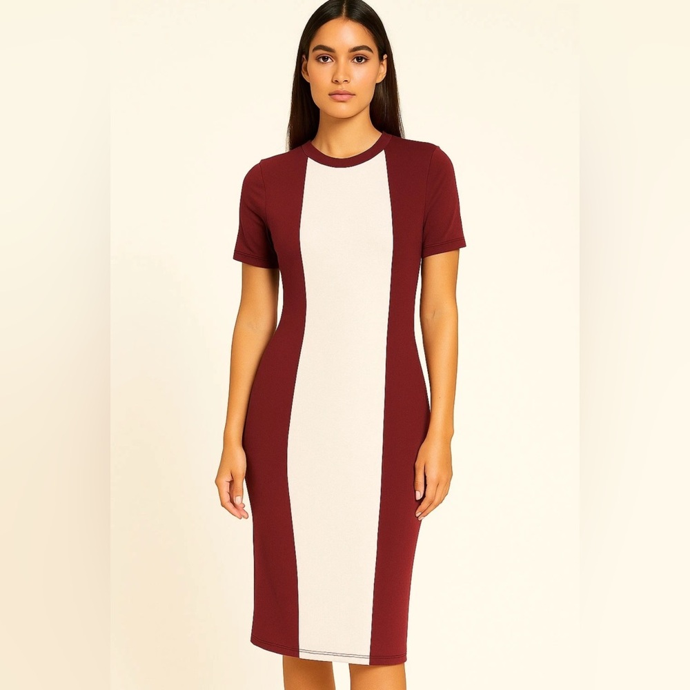 ‼️SOLD‼️ 109. NWOT! SHEIN Red @ White Color Block Bodycon Midi Midi Dress